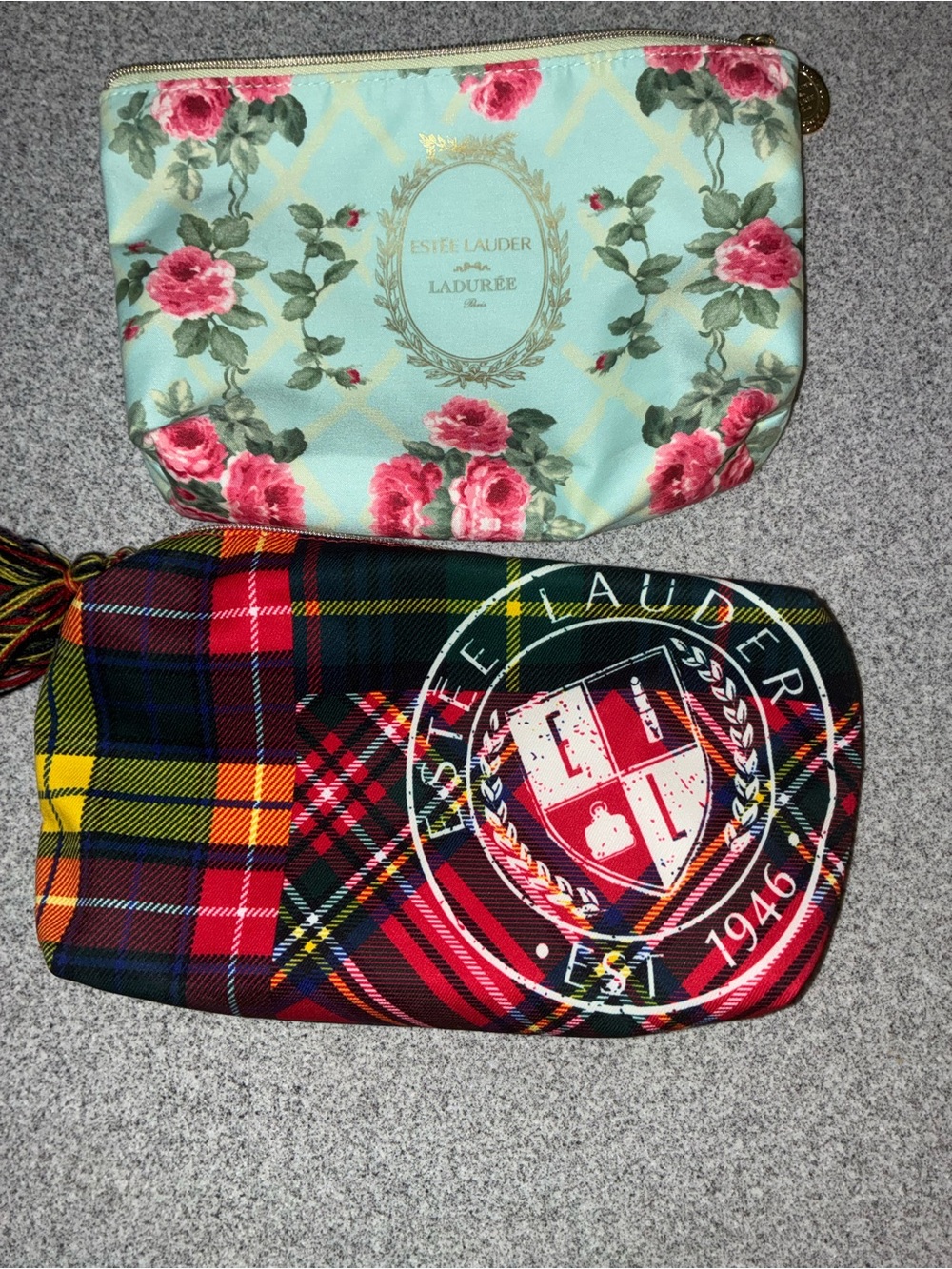 Estée Lauder Floral Cosmetic Pouch & Plaid Makeup Bag Set